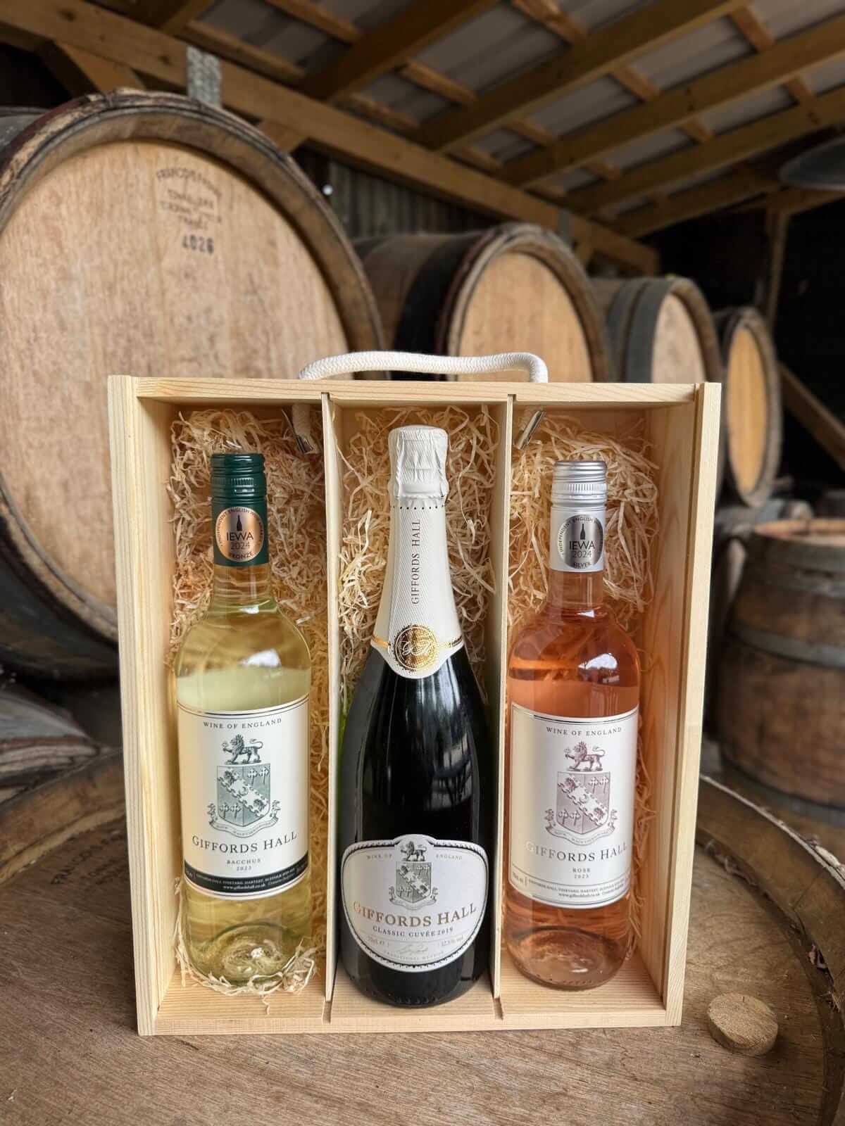 Elegant wine gift set featuring Bacchus, Rosé, and Classic Cuvée from Giffords Hall.