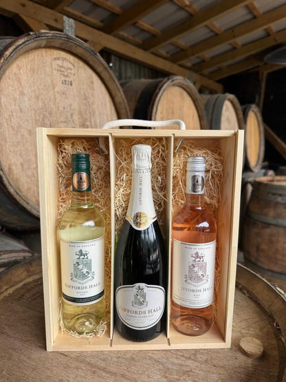 Elegant wine gift set featuring Bacchus, Rosé, and Classic Cuvée from Giffords Hall.